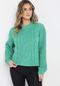 Born2be - Ciemnozielony Jednolity Sweter ze Ściągaczami i Klasycznym Splotem Loma. Kolor: zielony. Długość rękawa: długi rękaw. Długość: długie. Wzór: ze splotem, jednolity. Styl: klasyczny #3
