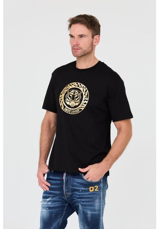 Just Cavalli - JUST CAVALLI Czarny t-shirt T-round Gold. Kolor: czarny