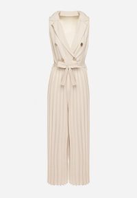 Born2be - Beżowy Kombinezon Taliowany z Dekoltem V i Paskiem z Guzikami Fillara. Okazja: na co dzień. Kolor: beżowy. Długość rękawa: długi rękaw. Długość: długie. Styl: klasyczny, casual, elegancki #5