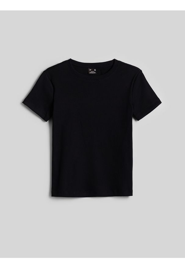 4f - 4F T-shirt slim z prążkowanej dzianiny damski - czarny L. Okazja: na co dzień. Kolor: czarny. Materiał: prążkowany, dzianina. Styl: elegancki, casual