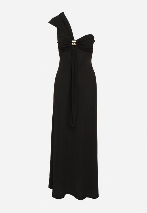 Born2be - Czarna Koktajlowa Taliowana Sukienka na Jedno Ramię z Metaliczną Ozdobą Divalline. Okazja: na imprezę. Kolor: czarny. Wzór: aplikacja. Typ sukienki: asymetryczne. Styl: wizytowy