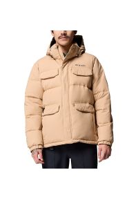 columbia - Kurtka męska Columbia Landroamer Hooded Puffer 2088081262 - beżowa. Typ kołnierza: kaptur. Kolor: beżowy. Materiał: puch, poliester, syntetyk, włókno, nylon. Technologia: Omni-Heat (Columbia). Wzór: aplikacja. Sezon: zima
