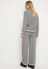 Born2be - Szary Dzianinowy Komplet z Ozdobną Lamówką Sweter i Szerokie Spodnie Ralenae. Kolor: szary. Materiał: dzianina #7