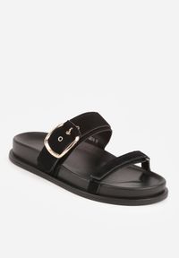 Born2be - Czarne Płaskie Klapki z Imitacji Zamszu z Wyrazistą Klamrą Himemoni. Okazja: na co dzień. Kolor: czarny. Materiał: zamsz. Wzór: paski, haft. Sezon: lato. Styl: boho, wakacyjny, casual #2
