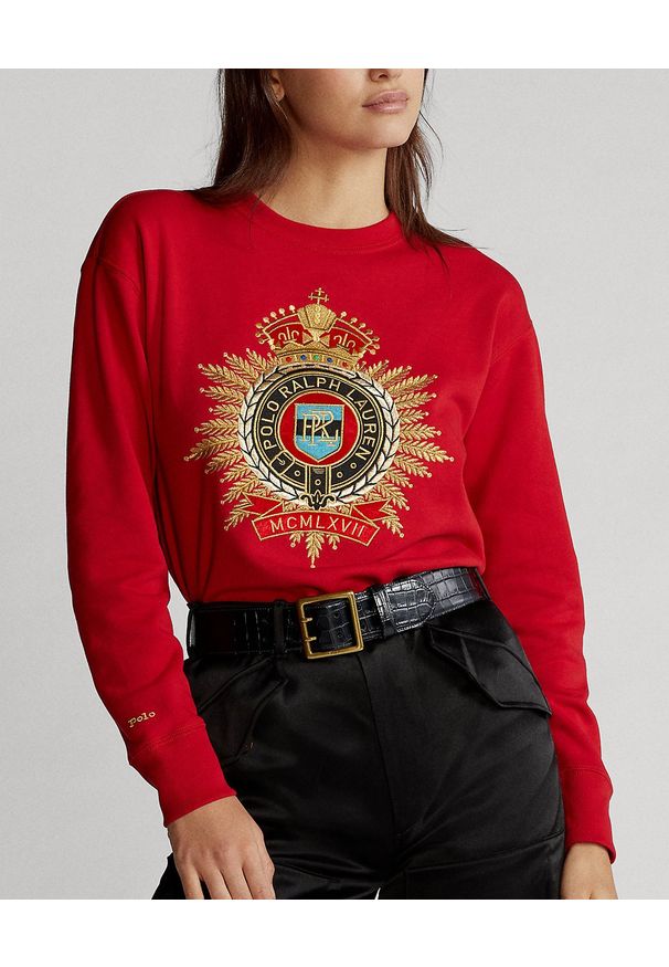 Ralph Lauren - RALPH LAUREN - Czerwona bluza z herbem. Typ kołnierza: polo, bez kaptura. Kolor: czerwony. Materiał: jeans, bawełna. Wzór: haft, aplikacja