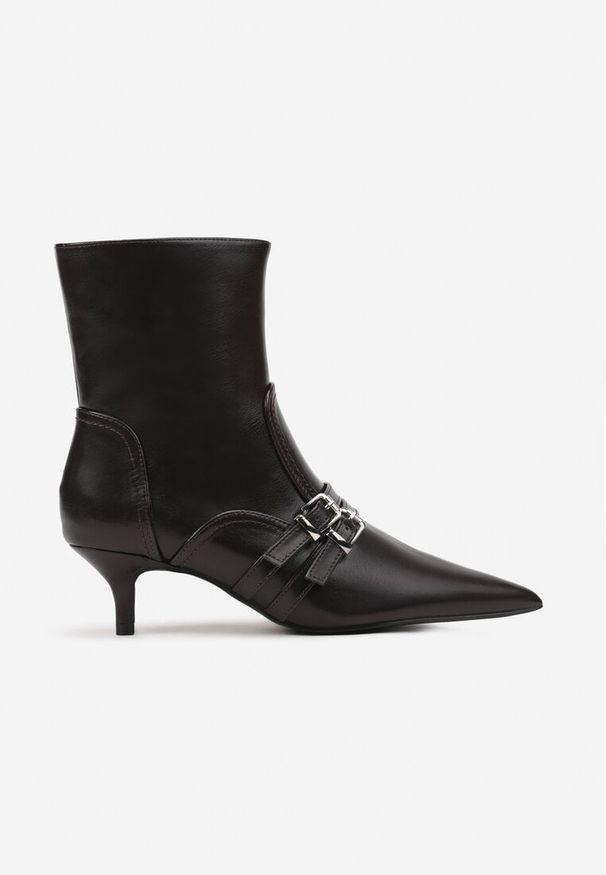 Born2be - Brązowe Botki na Obcasie Kaczuszce z Metalicznymi Klamrami Liasheia. Zapięcie: klamry. Kolor: brązowy. Materiał: jeans. Obcas: na obcasie. Styl: elegancki. Wysokość obcasa: średni