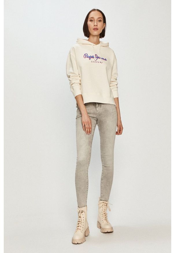 Pepe Jeans - Bluza bawełniana Brigitte. Okazja: na co dzień. Typ kołnierza: kaptur. Kolor: biały. Materiał: bawełna. Długość rękawa: długi rękaw. Długość: długie. Wzór: nadruk. Styl: casual
