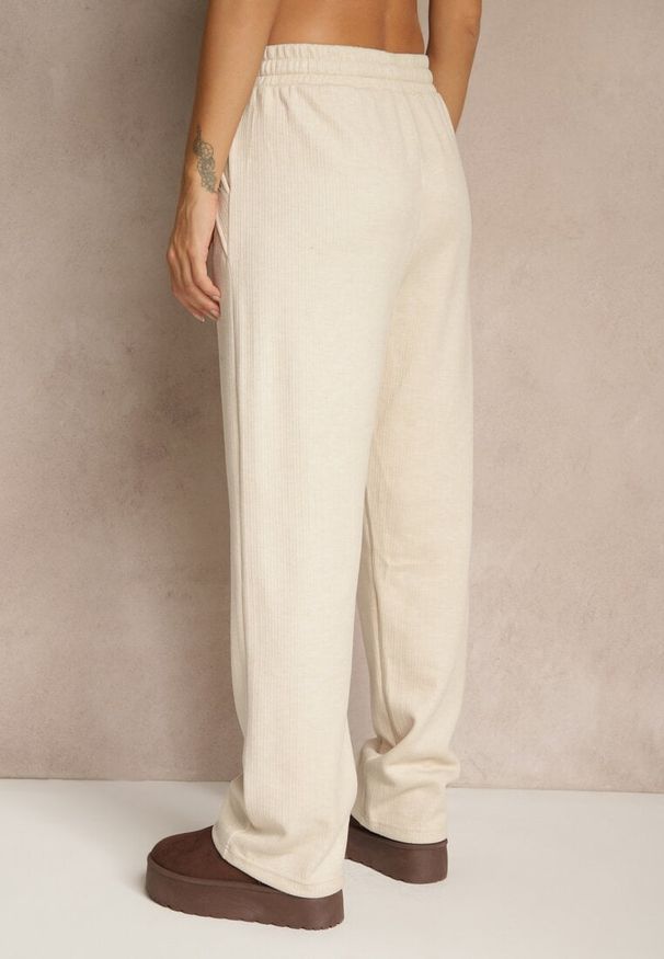 Renee - Jasnobeżowe Spodnie High Waist z Gumką i Troczkami w Pasie Rallena. Okazja: na co dzień. Stan: podwyższony. Kolor: beżowy. Styl: casual