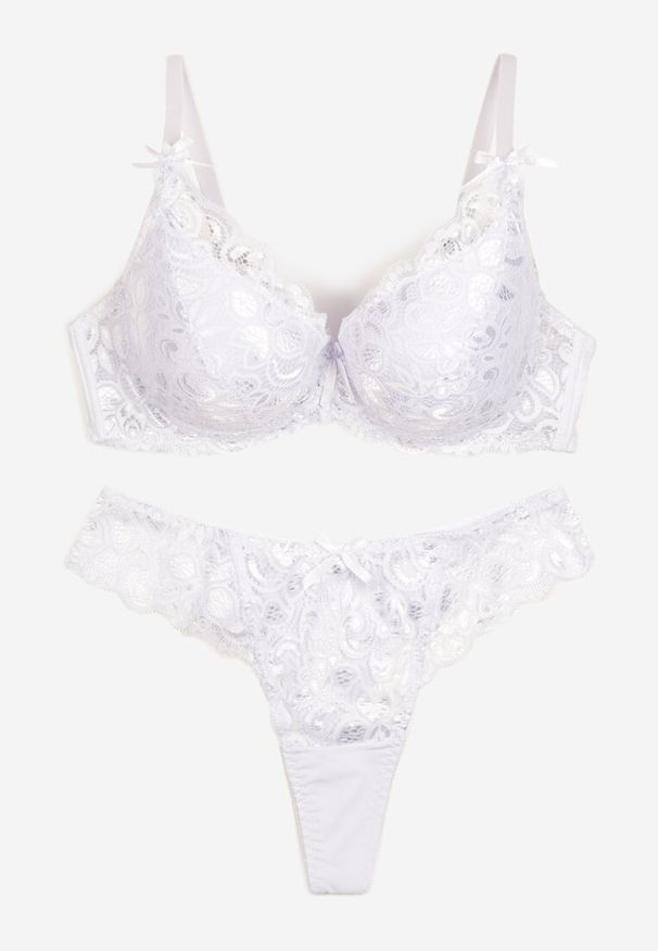 Born2be - Biały Komplet Usztywniany Biustonosz na Ramiączkach z Regulacją na Haftki i Stringi Vimereias. Kolor: biały. Materiał: koronka. Wzór: aplikacja, koronka