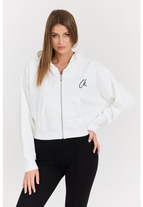 Calvin Klein - CALVIN KLEIN Biała damska rozpinana bluza z kapturem, Rozmiar M. Typ kołnierza: kaptur. Kolor: biały. Materiał: bawełna