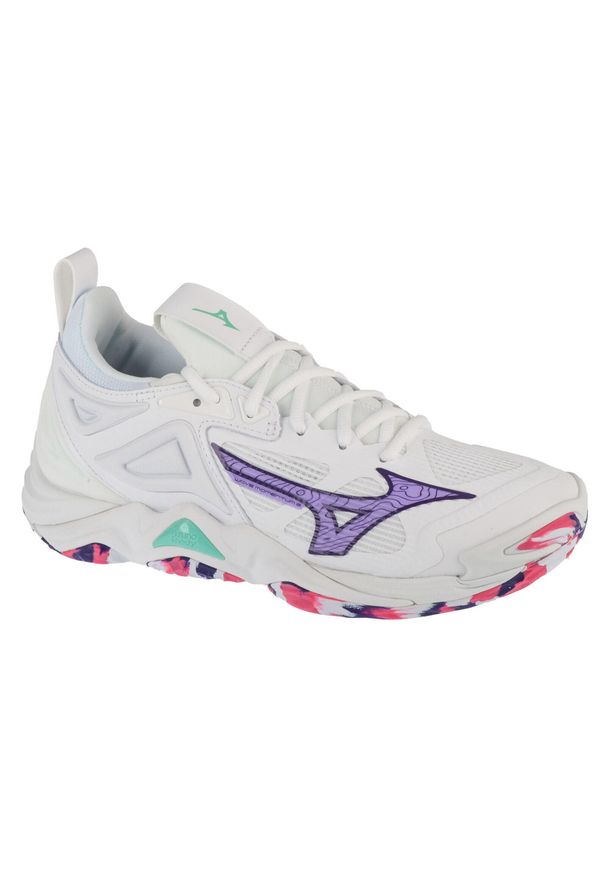 Mizuno - Buty do siatkówki damskie, Wave Momentum 3. Kolor: biały, wielokolorowy, niebieski. Materiał: guma, skóra, tkanina, materiał, syntetyk. Model: Mizuno Wave. Sport: siatkówka