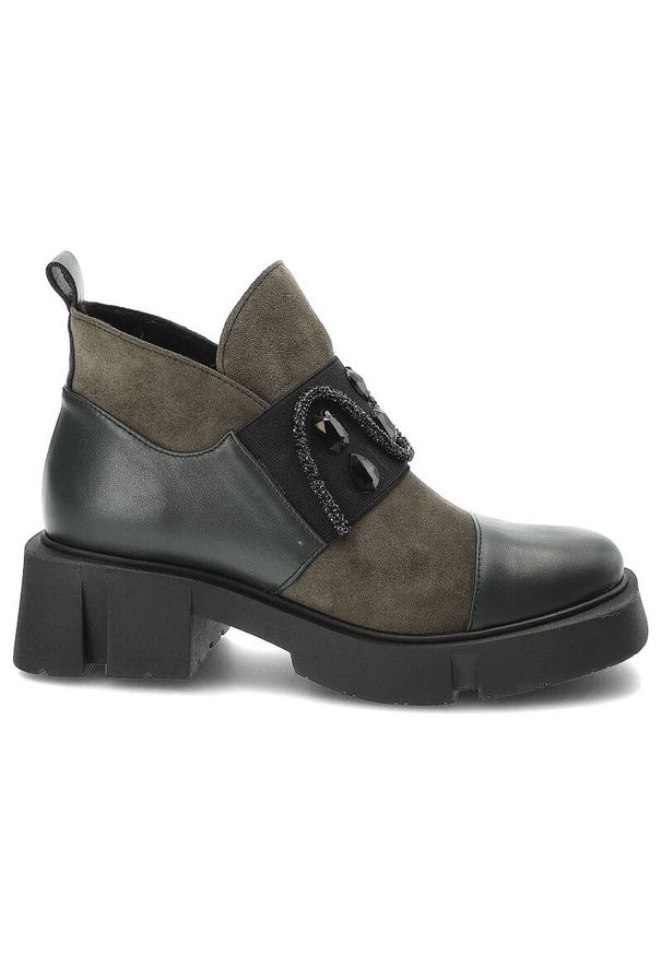 Zielone Eleganckie Botki Damskie Armodo. Kolor: zielony. Materiał: skóra, jeans, materiał. Sezon: jesień. Styl: elegancki