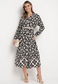 Born2be - Czarno-Biała Sukienka w Ornamentalny Wzór o Koszulowym Fasonie Venleia. Kolor: czarny. Wzór: aplikacja, kwiaty. Typ sukienki: koszulowe #2