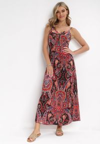 Born2be - Czarno-Czerwona Sukienka Maxi na Ramiączkach z Cienkimi Gumkami na Plecach Ophintha. Kolor: czerwony. Materiał: tkanina. Długość rękawa: na ramiączkach. Długość: maxi