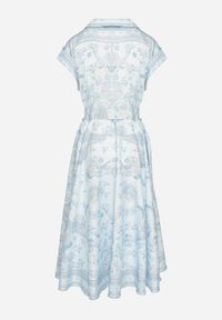 Born2be - Niebieska Rozkloszowana Sukienka Koszulowa z Lnu i Wiskozy z Paskiem Alumera. Typ kołnierza: kołnierzyk klasyczny, dekolt w serek. Kolor: niebieski. Materiał: len, wiskoza. Typ sukienki: koszulowe. Styl: klasyczny #2