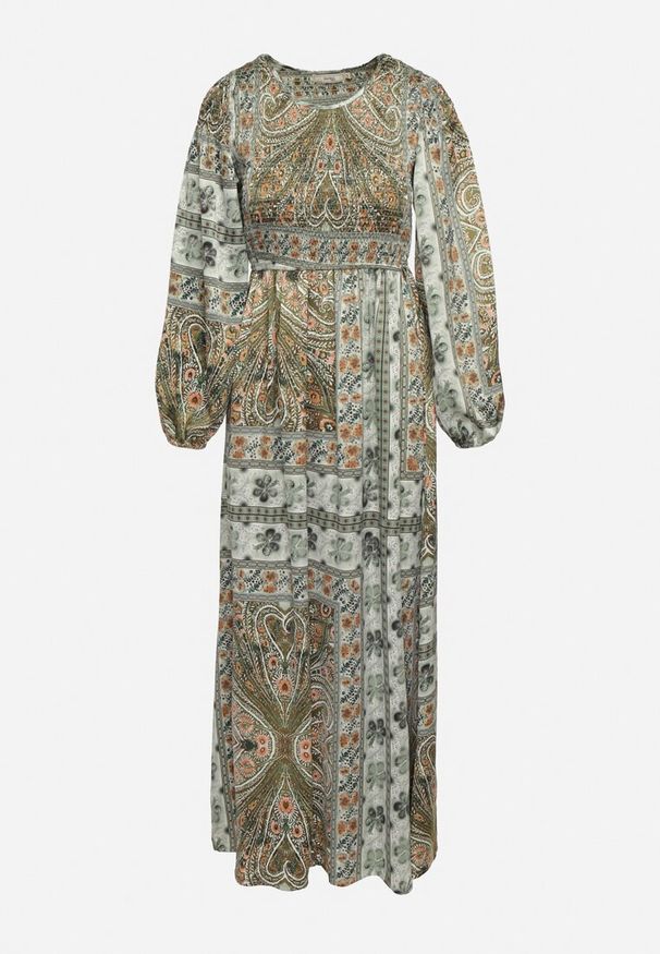 Born2be - Zielona Sukienka w Stylu Boho z Rozkloszowanym Dołem i Bufiastymi Rękawami Ertiana. Okazja: na co dzień. Kolor: zielony. Materiał: materiał. Typ sukienki: proste, rozkloszowane. Styl: boho