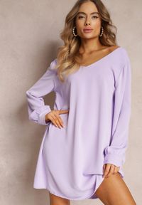 Renee - Fioletowa Sukienka Mini z Koronkową Wstawką i Długimi Rękawami Jood. Kolekcja: plus size. Kolor: fioletowy. Materiał: koronka. Długość rękawa: długi rękaw. Sezon: jesień, wiosna. Typ sukienki: dla puszystych, trapezowe. Długość: mini #4
