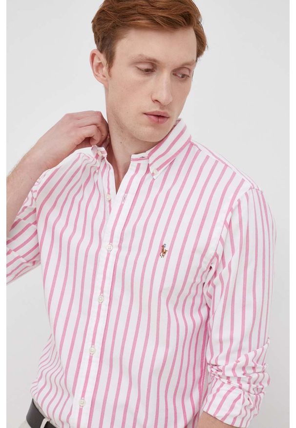Polo Ralph Lauren koszula bawełniana męska kolor różowy slim z kołnierzykiem button-down. Typ kołnierza: button down, polo. Kolor: różowy. Materiał: bawełna