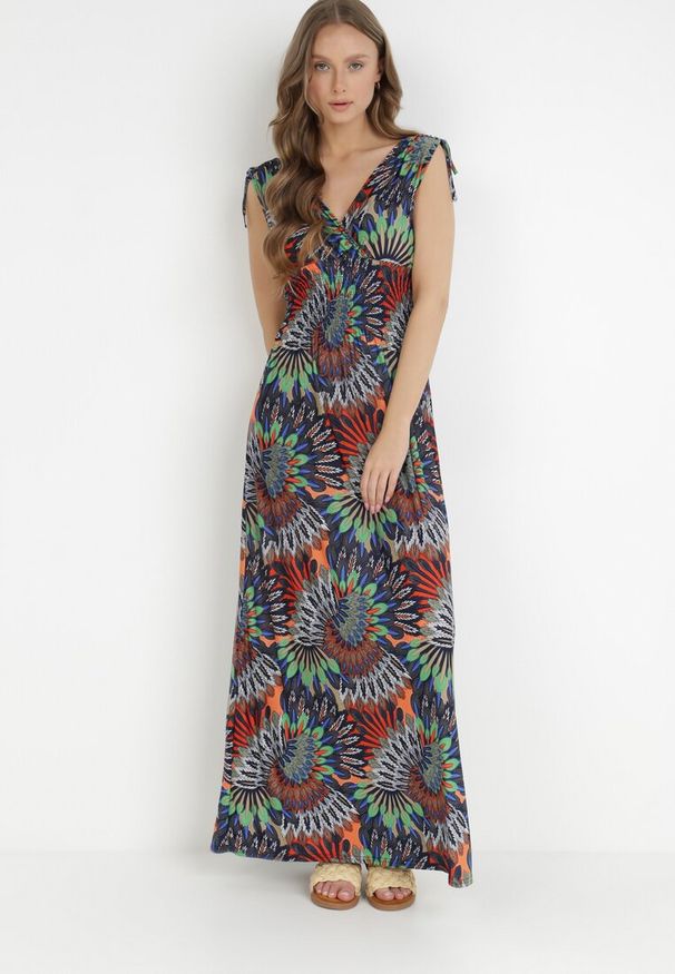 Born2be - Granatowo-Pomarańczowa Sukienka Euphiche. Kolor: niebieski. Wzór: kolorowy, aplikacja. Typ sukienki: kopertowe. Styl: boho. Długość: maxi