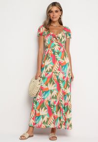 Born2be - Zielona Wiskozowa Sukienka w Kwiaty z Wiązaniem przy Dekolcie i Falbanką Meviera. Okazja: na randkę, na spacer, na co dzień. Kolor: zielony. Materiał: wiskoza. Wzór: kwiaty. Sezon: lato. Styl: casual #5