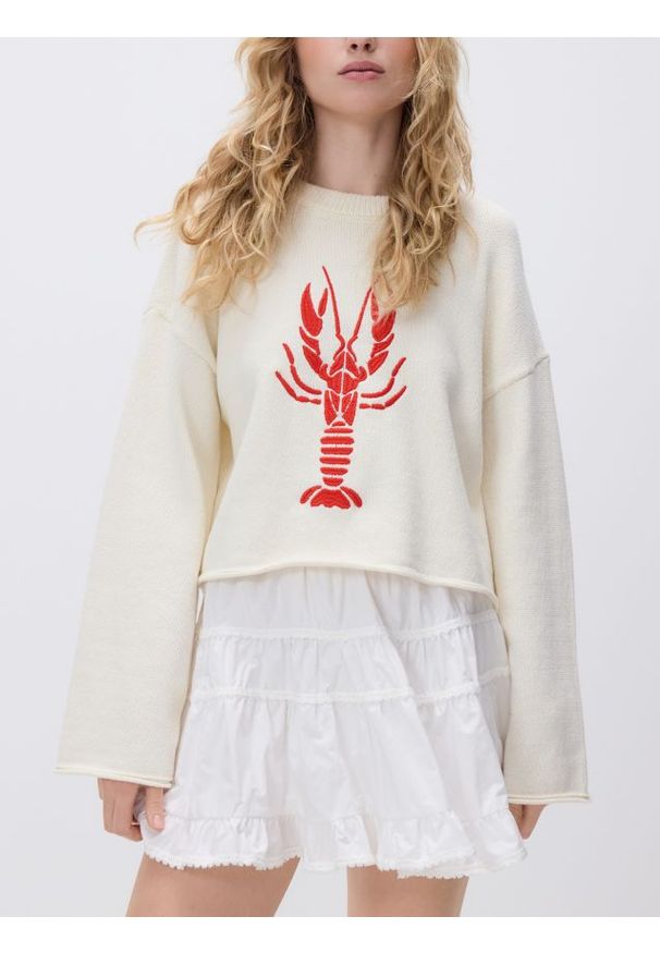 Reserved - Sweter z haftem - kremowy. Kolor: kremowy. Materiał: dzianina, bawełna. Wzór: haft