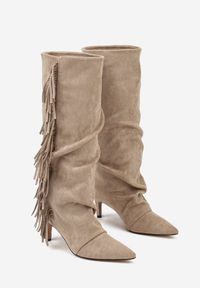 Renee - Ciemnobeżowe Kozaki na Szpilce w Stylu Boho Ozdobione Frędzlami Mevinavia. Okazja: na co dzień. Kolor: beżowy. Materiał: jeans. Wzór: aplikacja. Sezon: lato. Obcas: na szpilce. Styl: boho #5