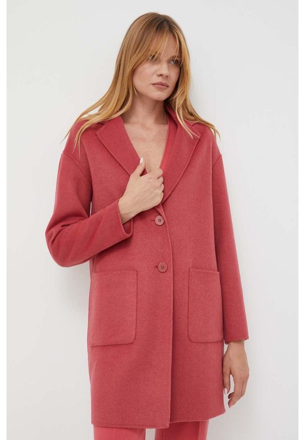 TwinSet - Twinset płaszcz wełniany kolor różowy przejściowy. Kolor: różowy. Materiał: wełna. Styl: klasyczny