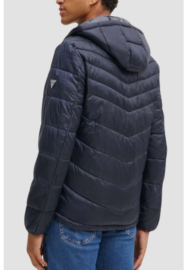 Guess - GUESS Granatowa męska kurtka z kapturem Super Light Puffa Jacket. Typ kołnierza: kaptur. Kolor: niebieski. Styl: elegancki