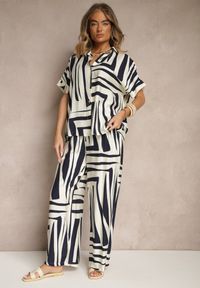 Renee - Granatowo-Biały Komplet o Kroju Oversize z Lnem Koszula i Szerokie Spodnie Miravinia. Kolor: niebieski. Materiał: len