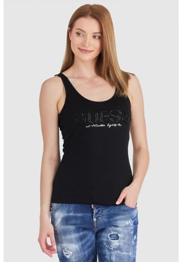 Guess - GUESS Czarny top damski z logo z koralików, Rozmiar XS. Kolor: czarny. Materiał: prążkowany, bawełna. Wzór: nadruk