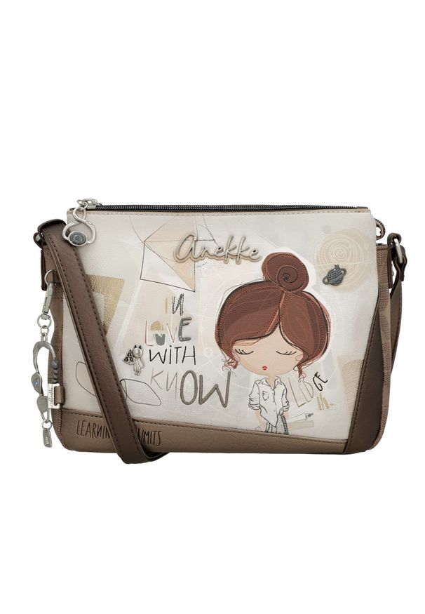 Torebka damska Anekke, na ramię z dekoracyjnym nadrukiem i metalowym logo zapinana na zamek z regulowanym paskiem oraz ozdobnym brelokiem, brązowa, 4. Kolor: brązowy. Wzór: nadruk. Dodatki: z breloczkiem. Styl: casual, elegancki. Rodzaj torebki: na ramię