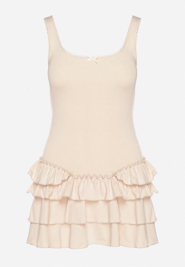 Born2be - Beżowa Sukienka z Wiskozą Ozdobiona Falbankami Ovinia. Okazja: na co dzień. Typ kołnierza: kołnierz z falbankami. Kolor: beżowy. Materiał: wiskoza. Długość rękawa: na ramiączkach. Wzór: aplikacja. Styl: casual