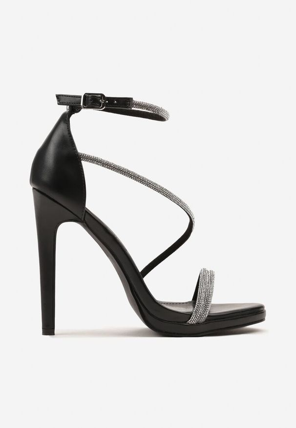 Renee - Czarne Eleganckie Szpilki Sandały Zdobione Cyrkoniami Ninitila. Zapięcie: pasek. Kolor: czarny. Materiał: jeans. Wzór: aplikacja. Obcas: na szpilce. Styl: elegancki