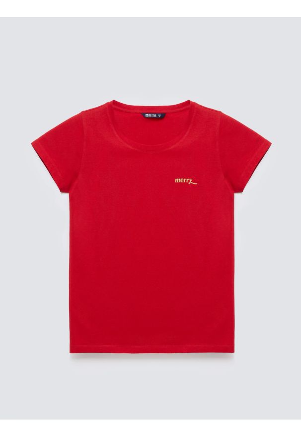 Big-Star - Koszulka damska z brokatowym nadrukiem czerwona Merra 603. Kolor: czerwony. Materiał: materiał, dzianina, skóra. Długość rękawa: krótki rękaw. Długość: krótkie. Wzór: nadruk. Sezon: zima. Styl: elegancki, klasyczny