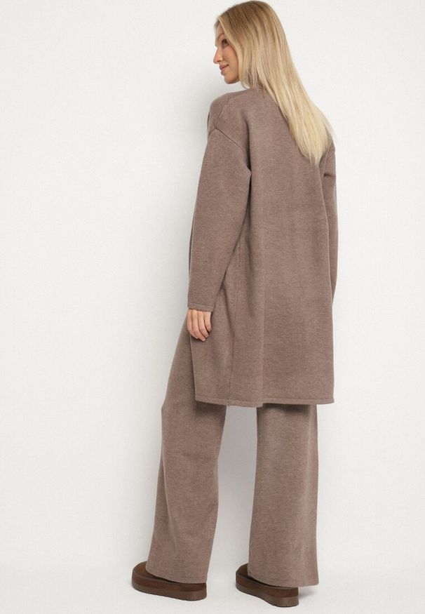 Born2be - Brązowy Dzianinowy Komplet z Wełną Kamizelka Długi Kardigan i Spodnie Otizela. Kolekcja: plus size. Kolor: brązowy. Materiał: dzianina, wełna