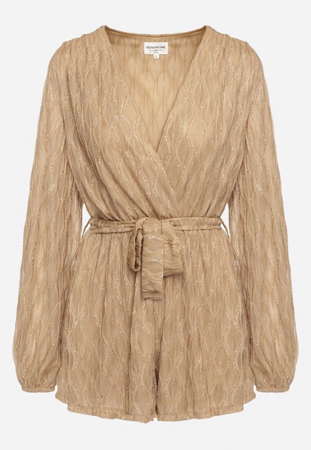 Born2be - Ciemnobeżowy Kombinezon o Kopertowym Kroju Zdobiony Błyszczącą Nitką i Wiązany w Pasie Venvina. Okazja: na co dzień. Kolor: beżowy. Materiał: skóra. Wzór: aplikacja. Styl: casual, elegancki