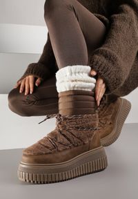 Born2be - Brązowe Pikowane Śniegowce na Grubej Tłoczonej Podeszwie z Futerkiem Adarlia. Okazja: na co dzień. Kolor: brązowy. Materiał: futro. Styl: casual #6