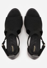 Renee - Czarne Sandały Soft Fit VICES na Obcasie w Stylu Botków z Elastyczną Ażurową Cholewką Comfort Omphopis. Zapięcie: rzepy. Kolor: czarny. Materiał: materiał, jeans. Wzór: ażurowy. Obcas: na obcasie. Wysokość obcasa: średni #9