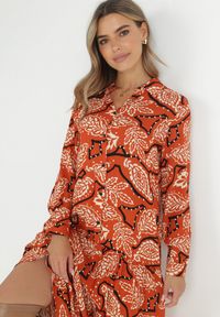 Born2be - Pomarańczowa Sukienka Koszulowa w Kwiaty Zari. Kolor: pomarańczowy. Materiał: tkanina. Wzór: kwiaty. Typ sukienki: koszulowe #5