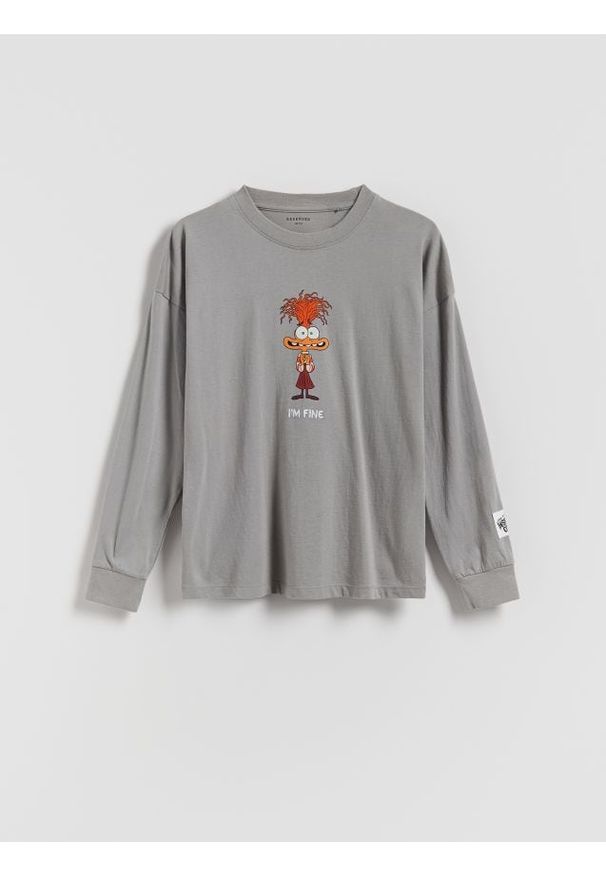 Reserved - Longsleeve z nadrukiem Inside Out - ciemnoszary. Kolor: szary. Materiał: bawełna, dzianina. Długość rękawa: długi rękaw. Wzór: nadruk