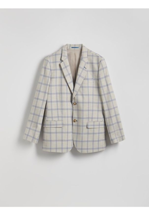 Reserved - Marynarka slim fit w kratę - beżowy. Kolor: beżowy. Materiał: tkanina