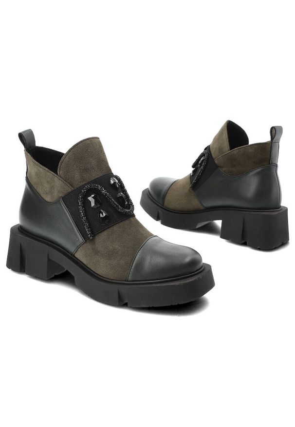 Zielone Eleganckie Botki Damskie Armodo. Kolor: zielony. Materiał: jeans, materiał, skóra. Sezon: jesień. Styl: elegancki