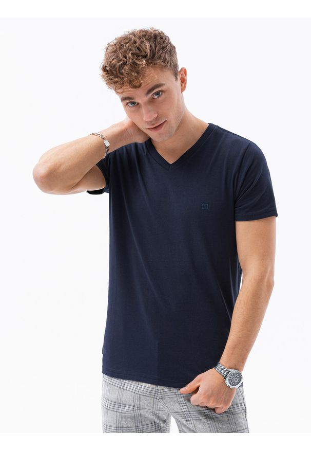 Ombre Clothing - T-shirt męski bez nadruku S1183 - granatowy - XXL. Typ kołnierza: dekolt w serek. Kolor: niebieski. Materiał: elastan, bawełna. Styl: klasyczny
