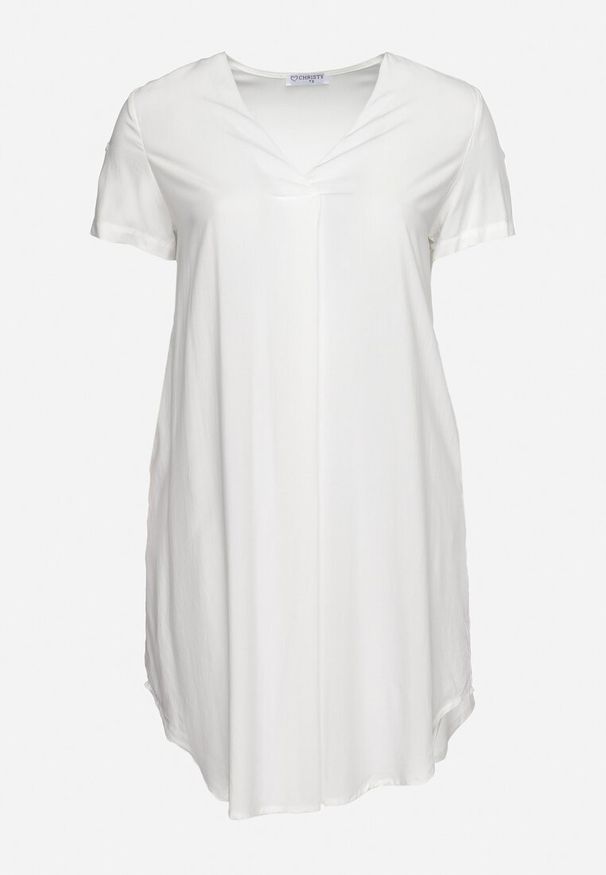 Born2be - Biała Pudełkowa Sukienka z Nakładką przy Dekolcie z Wiskozy Moaneni. Okazja: na co dzień. Kolor: biały. Materiał: wiskoza. Długość rękawa: krótki rękaw. Typ sukienki: proste. Styl: casual