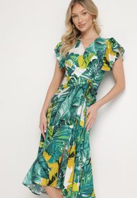 Born2be - Zielona Rozkloszowana Sukienka z Wiązaniem w Roślinny Wzór Janitaie. Okazja: na co dzień. Typ kołnierza: dekolt w serek. Kolor: zielony. Materiał: jeans. Długość rękawa: krótki rękaw. Styl: klasyczny, casual, elegancki #7