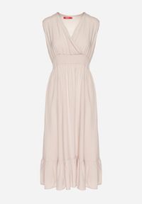 Born2be - Beżowa Wiskozowa Sukienka o Kopertowym Kroju z Falbanką Uliria. Kolor: beżowy. Materiał: wiskoza. Typ sukienki: kopertowe. Styl: elegancki #3