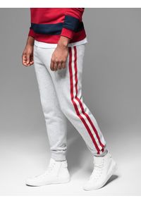 Ombre Clothing - Męskie spodnie dresowe z lampasami i ściągaczami na nogawkach – szary melanż V1 - Rozmiar: L. Kolor: szary. Materiał: dresówka. Wzór: melanż. Styl: retro, elegancki