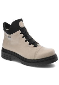 Beżowe Botki Rieker Skórzane Ocieplane Buty Damskie. Okazja: na co dzień. Kolor: beżowy. Materiał: skóra. Obcas: na obcasie. Styl: casual, elegancki. Wysokość obcasa: średni