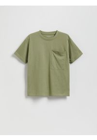 Reserved - Bawełniany t-shirt - oliwkowy. Kolor: oliwkowy. Materiał: bawełna