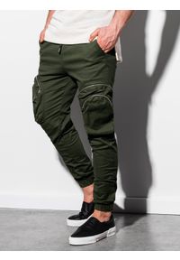 Ombre Clothing - Spodnie męskie joggery P996 - khaki - L. Kolor: brązowy. Materiał: bawełna, elastan
